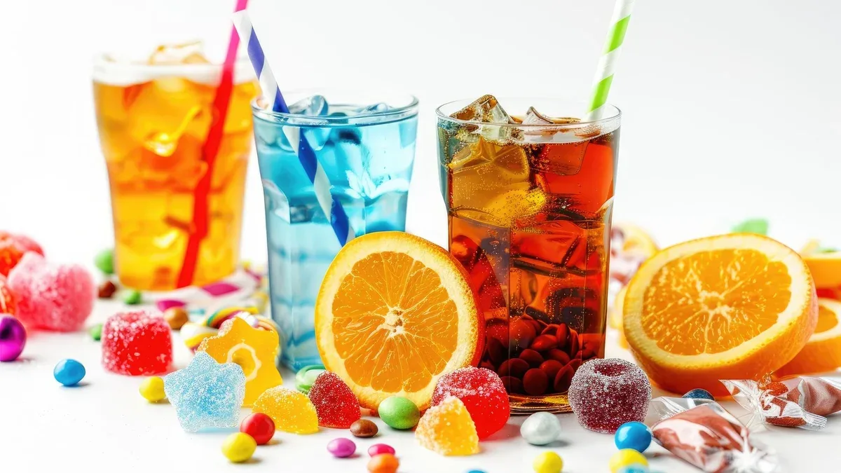 Danger d'aspartame Différentes boissons gazeuses et bonbons contenant des substituts du sucre sur fond blanc
