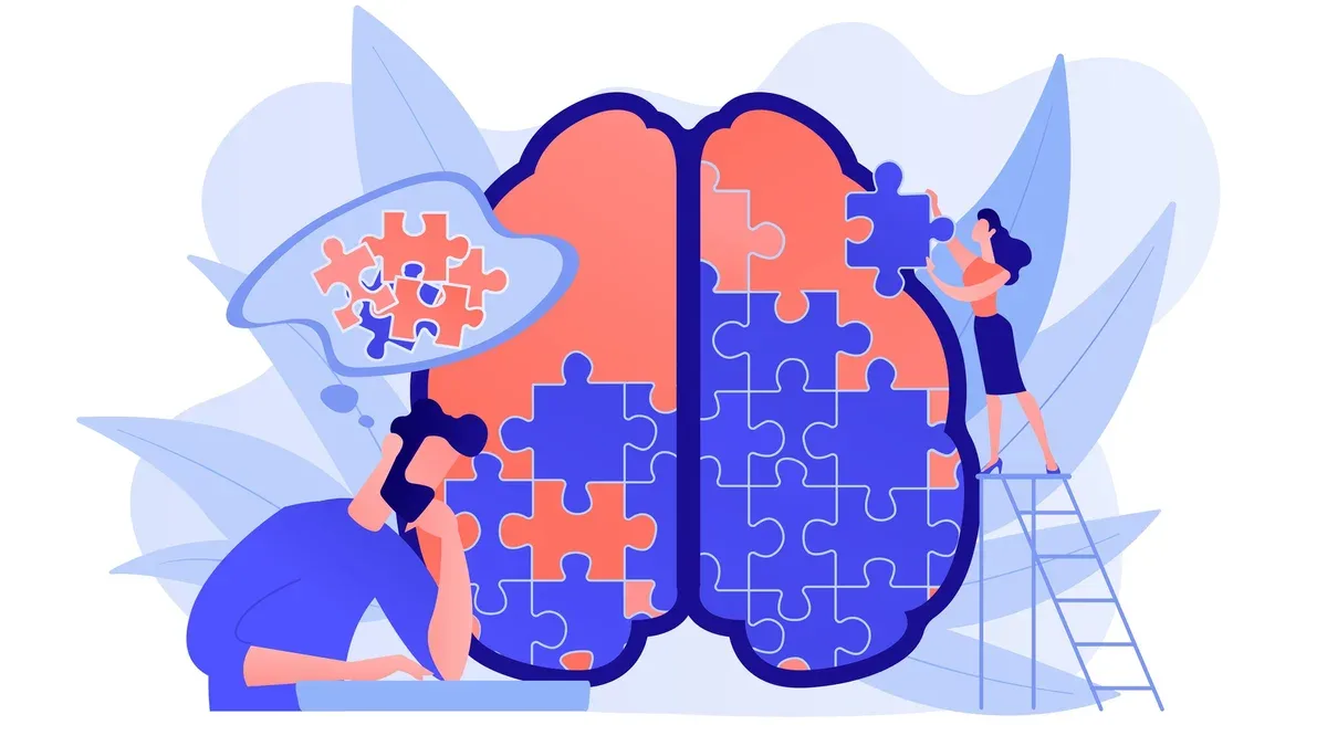 Homme faisant le puzzle du cerveau humain. Séance de psychologie et de psychothérapie, guérison mentale et bien-être, thérapeute conseil maladie mentale et difficultés palette violette. Illustration vectorielle isolée.