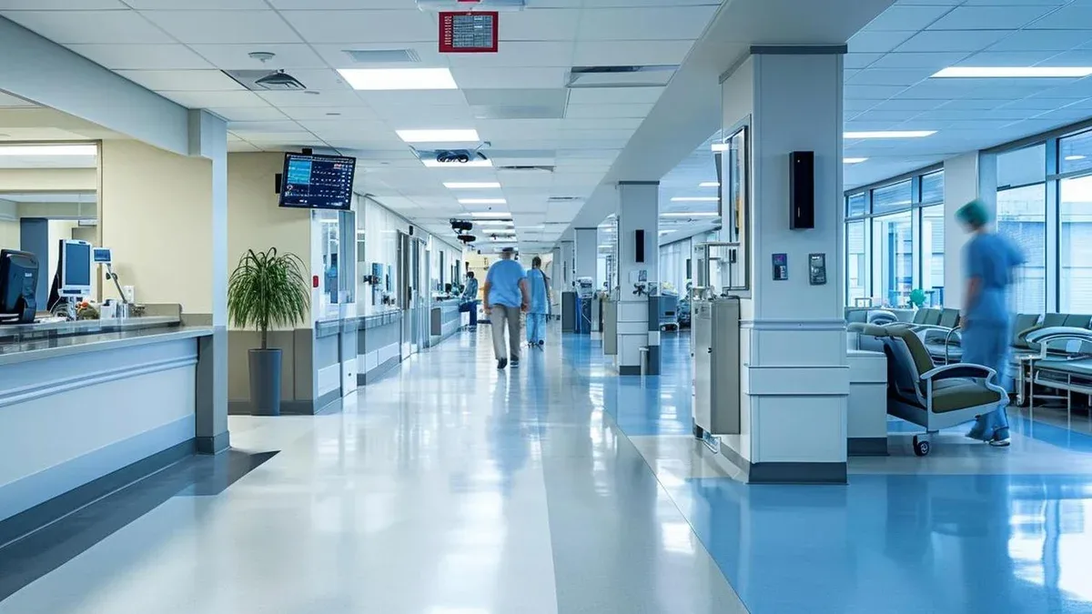 un couloir d'hôpital avec des gens qui le traversent
