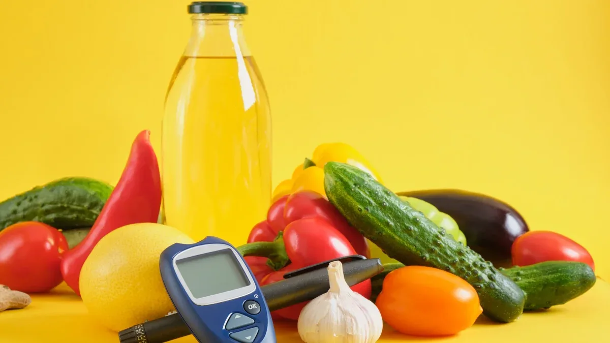 Stylo seringue à insuline, glucomètre numérique et légumes sur fond jaune. diabète pitaniye pri