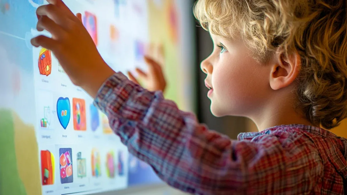 Close-up d'une interaction des élèves avec un tableau blanc interactif ou un outil d'apprentissage numérique