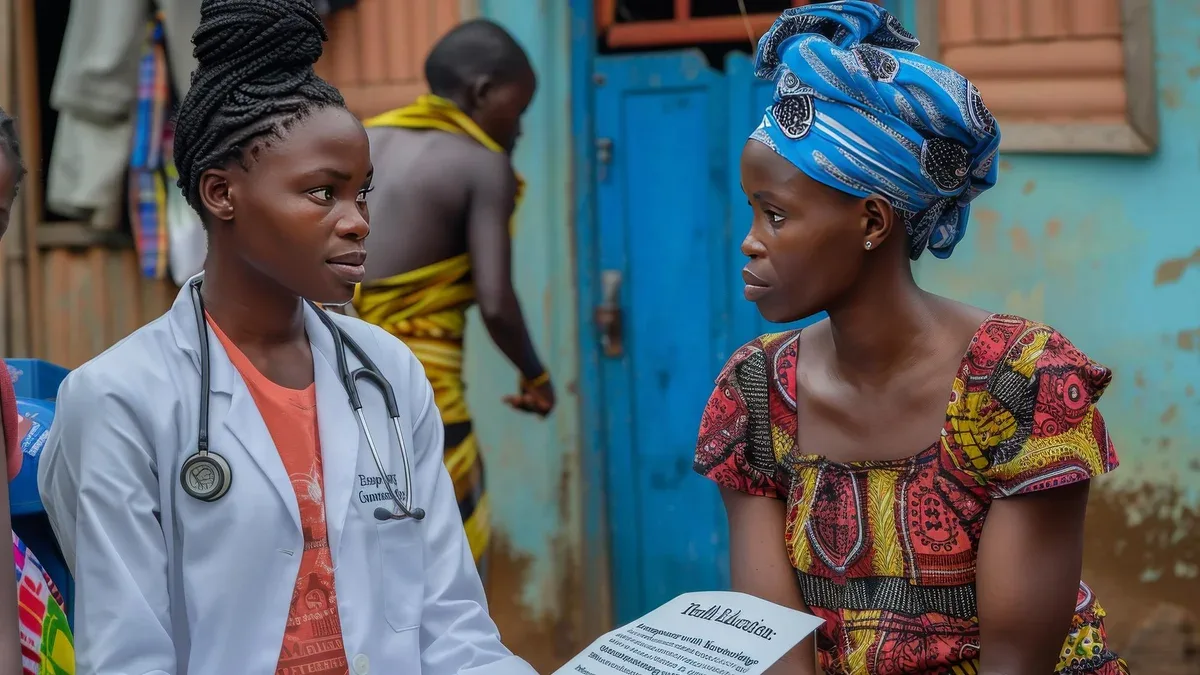 Des professionnels de la santé discutent dans un village africain