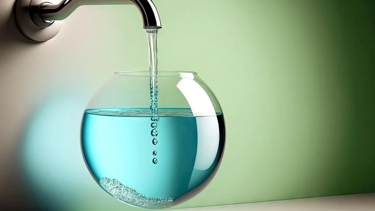 Du robinet lisse dans le mur coule l'eau de mer dans un petit aquarium rond