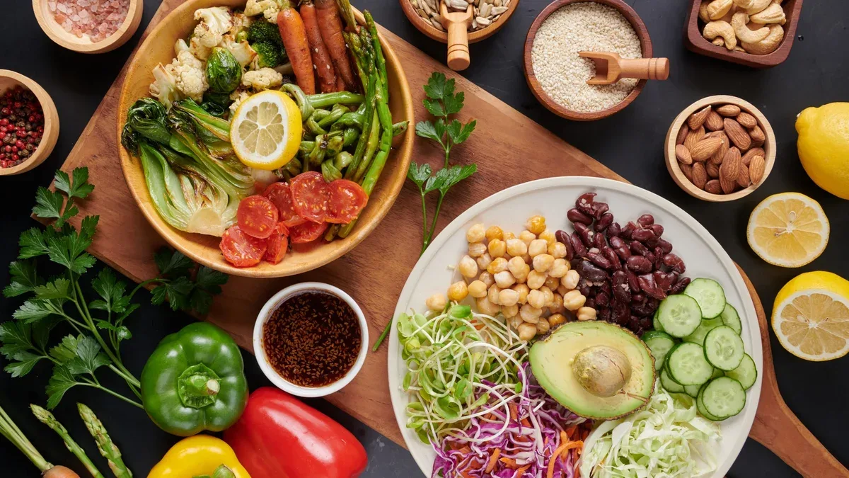 Plat de bol Bouddha avec légumes et légumineuses. Vue de dessus.