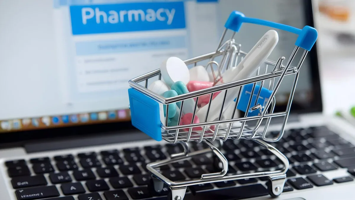 Mini chariot d'achat avec des médicaments sur ordinateur portable fusionnant pharmacie et commodité