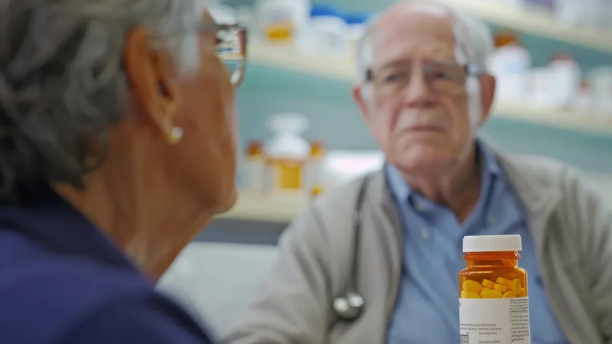 Un homme et une femme parlent dans une pharmacie.