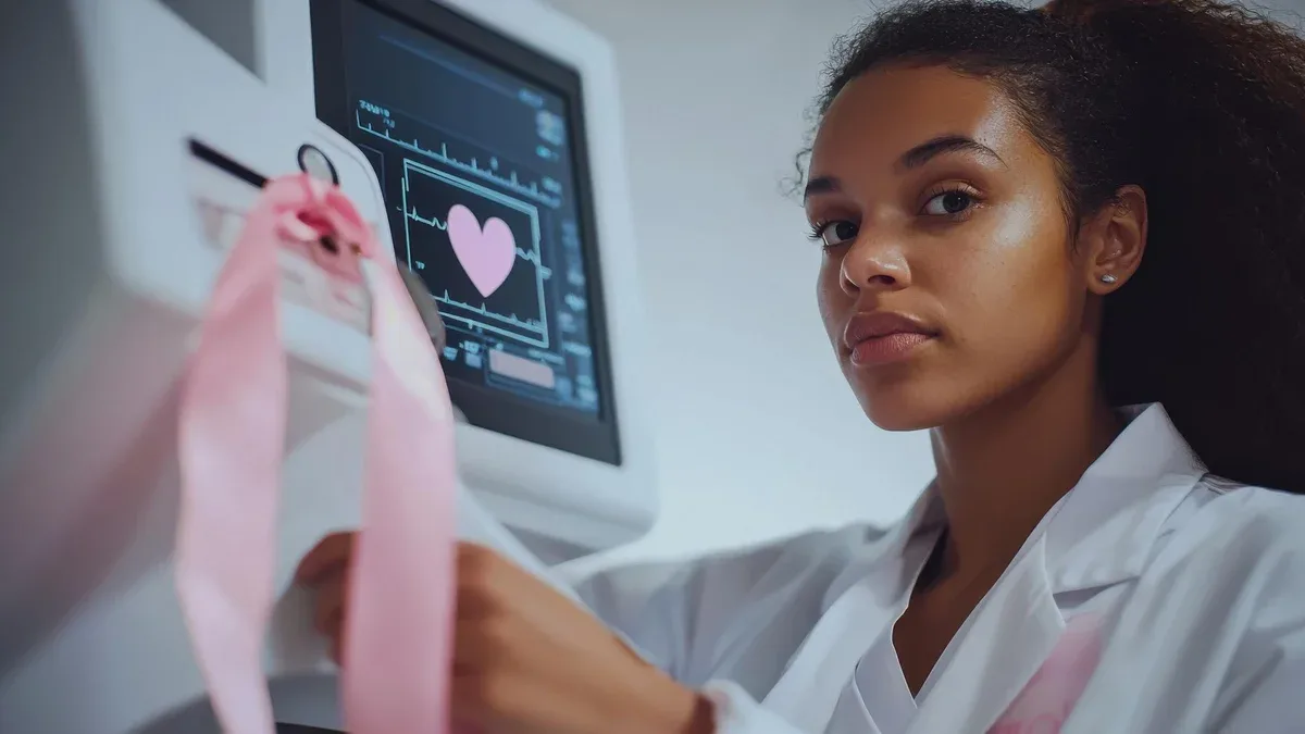 Une technicienne médicale réglant une machine de mammographie l'accent sur son comportement attentionné et professionnel le fond doucement flou pour souligner l'équipement et les patients font confiance à un ruban rose