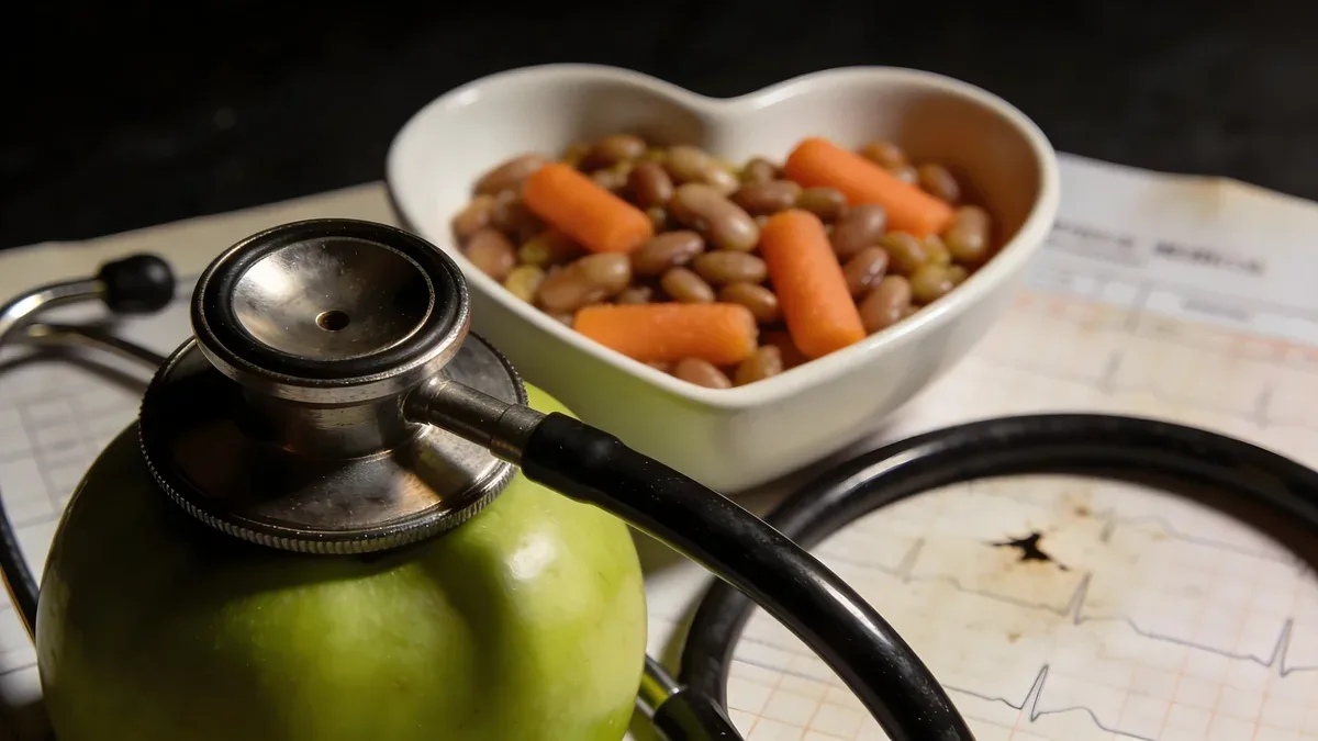 Bol en forme de cœur de haricots et carottes avec stéthoscope et dossier médical, stéthoscope cardiologie