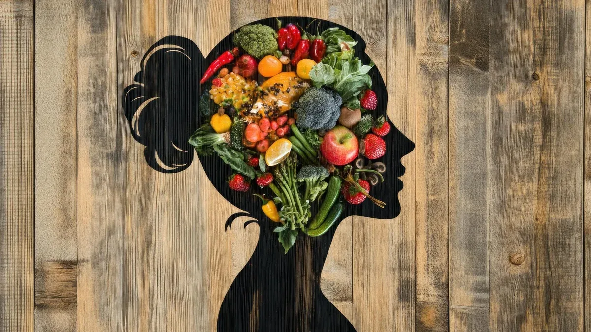 La silhouette d'une femme remplie de légumes et de fruits frais