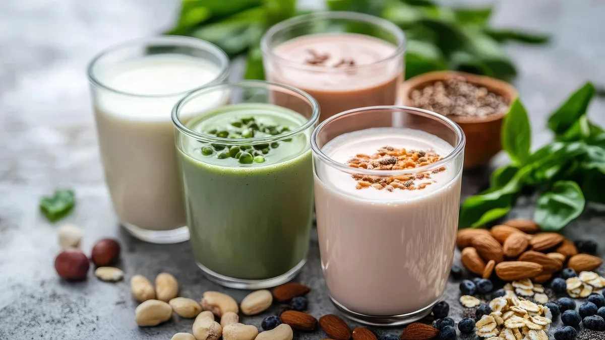 Une variété de smoothies sains dans des verres faits avec des ingrédients naturels entourés de noix et de graines parfaits pour un style de vie nutritif