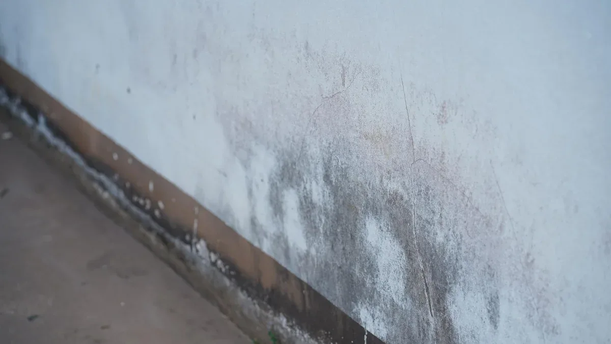 Un mur blanc avec une tache grise dessus