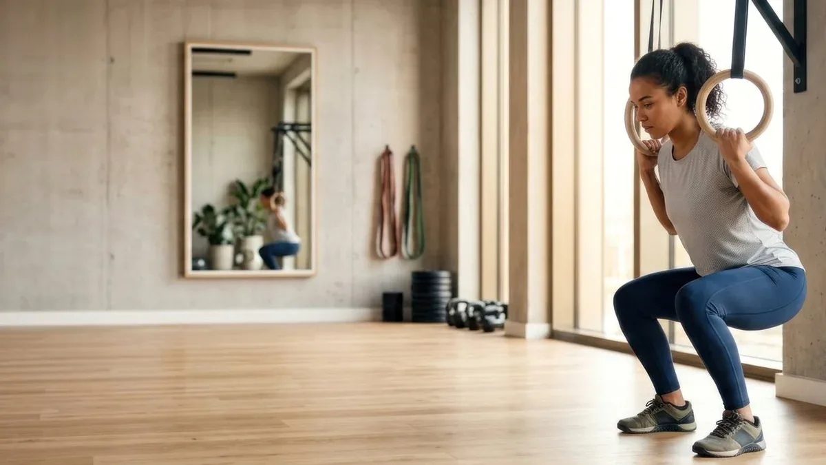 Femme faisant des squats avec des anneaux de gymnastique dans une salle de sport